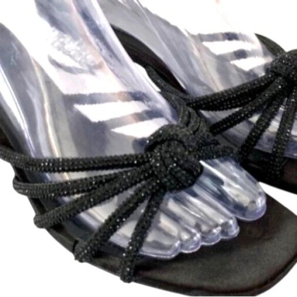 Zara Kitten Rhinestone Heel Black Strappy Knot Sandals 7.5 Wedding Cruise Resort - Picture 4 of 9